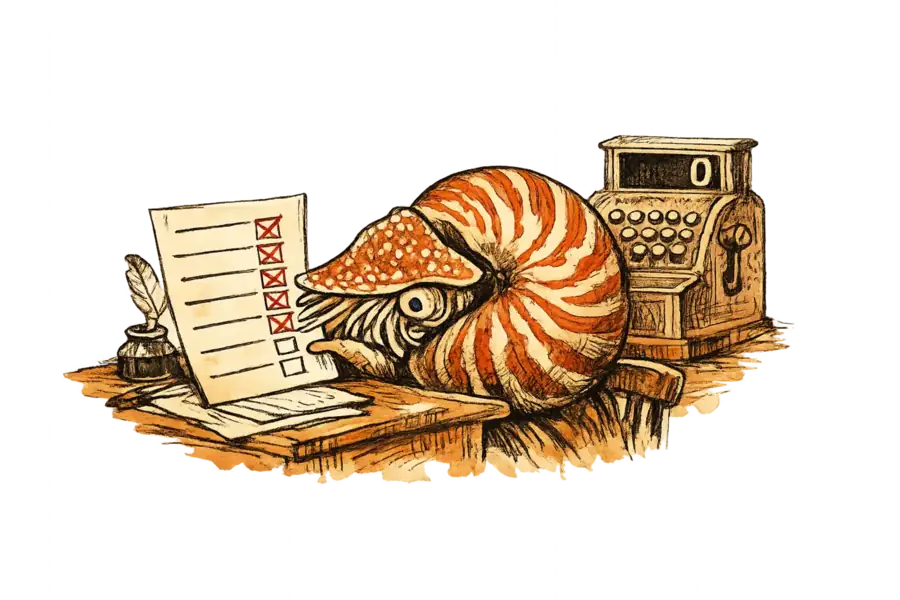 A nautilus reviewing a quality scorecard where five of seven dimensions are crossed out, with a cash register showing zero in the background