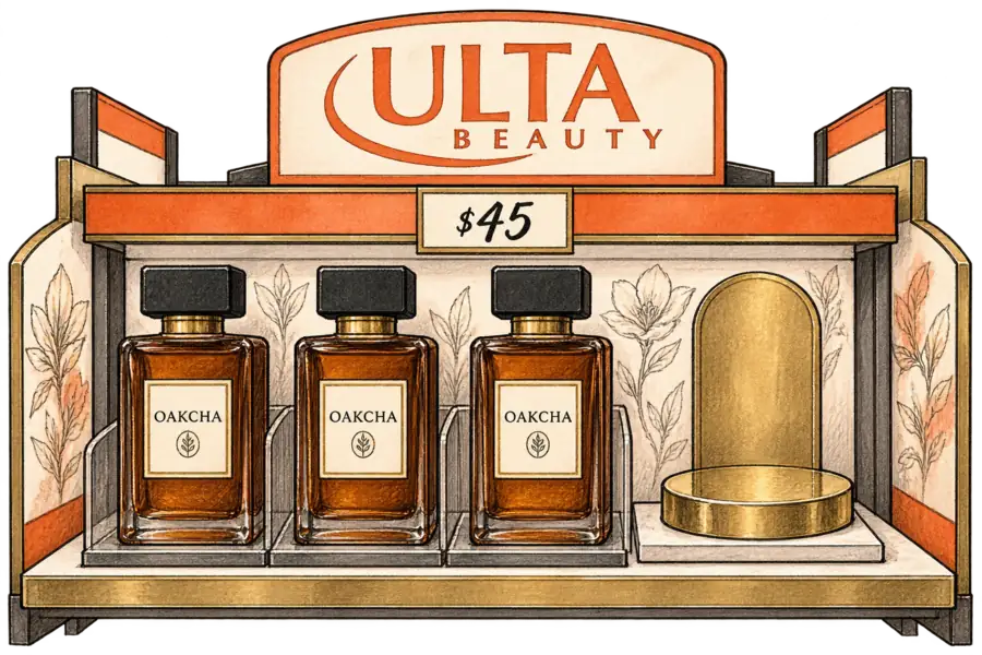 An Ulta Beauty fragrance shelf with plain Oakcha bottles filling a facing beside an empty gilded plinth where a luxury bottle would stand.