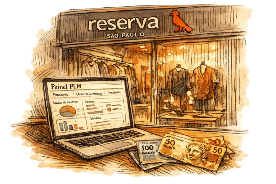 Reserva storefront with a laptop showing a Portuguese PLM dashboard and Brazilian real banknotes on the counter