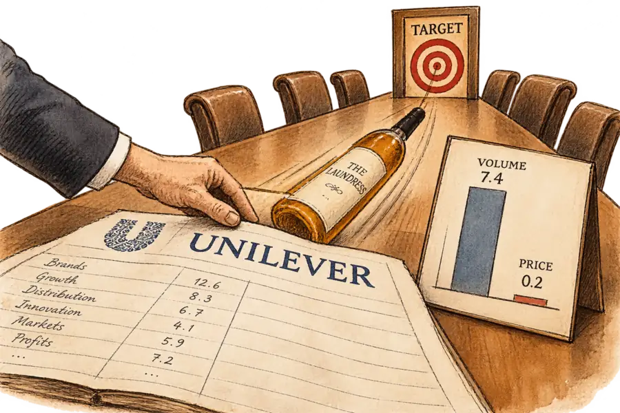 A Unilever manager slides a slim amber The Laundress bottle across a ledger toward a red Target bullseye door, beside a chart where a tall volume bar dwarfs a sliver marked price.