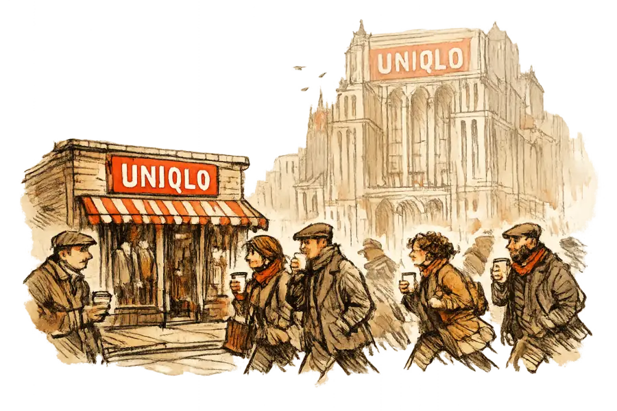 A small Uniqlo neighborhood storefront on a busy Brooklyn sidewalk, with the towering Fifth Avenue flagship faded into the background.