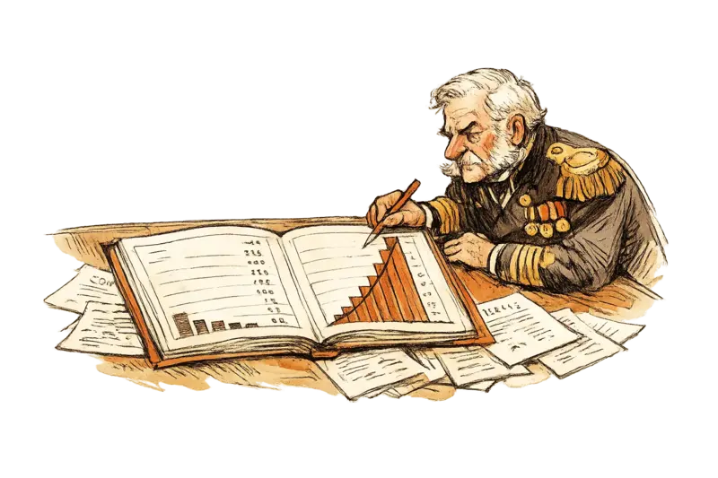 Admiral Neritus Vale at a wide drafting table, leaning over a large open ledger showing two columns of numbers — left column short and flat, right column rising steeply. He holds a pencil tracing the right column. Term sheets spread across the table. Composition: ledger centered, Vale at right third. Mood: clinical.
