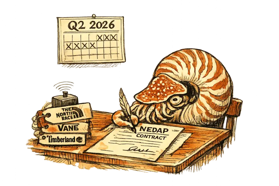 Nautilus signing a Nedap contract beside RFID-tagged North Face, Vans, and Timberland clothing