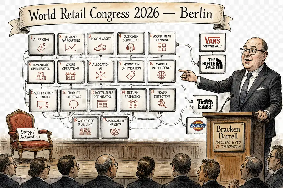 Bracken Darrell gestikuliert von einem Podium beim World Retail Congress, während hinter ihm siebzehn beschriftete KI-Workstream-Panels schweben; ein leerer Stuhl links auf der Bühne trägt ein Schild mit der Aufschrift Stupp / Authentic.