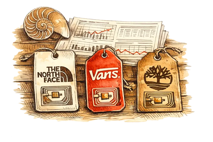 Three apparel hang tags (The North Face, Vans, Timberland) laid flat on a workbench, each with a visible RFID chip and antenna coil.