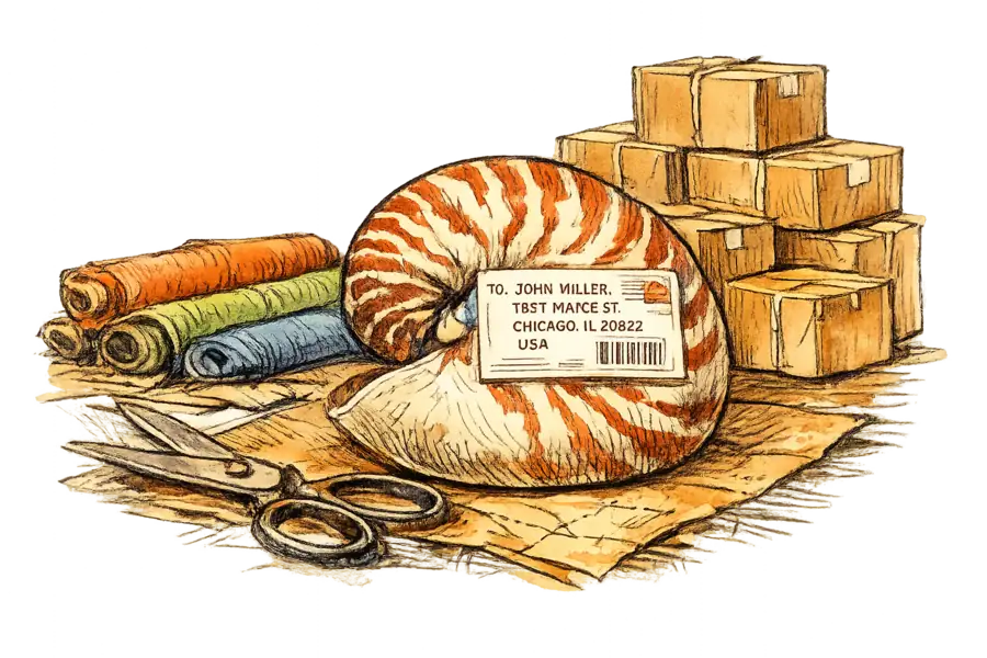 A nautilus shell resting on a garment factory cutting table beside fabric bolts, a shipping label addressed to the United States affixed to its spiral