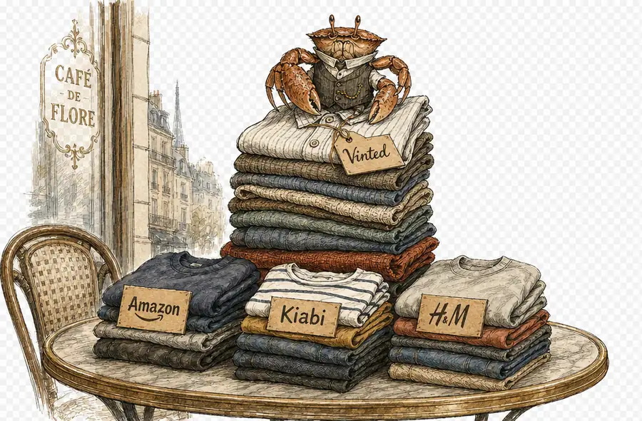 A small crab in a waistcoat sits atop a tall stack of folded clothing tagged Vinted, looking down at three shorter stacks tagged Amazon, Kiabi, and H&M on a Parisian café table.