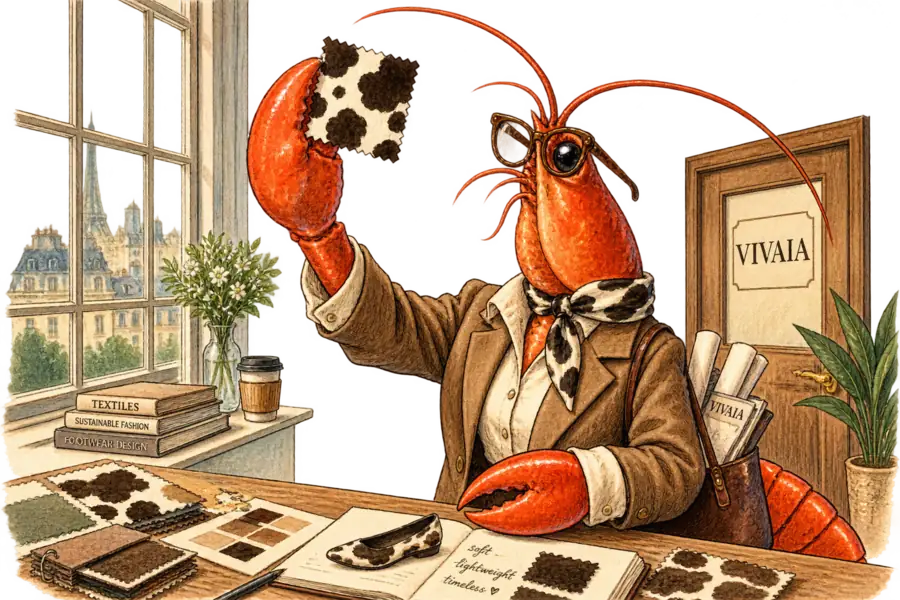 A lobster in a tailored blazer holds a square of cow-print velvet up to an office window, sighting through it