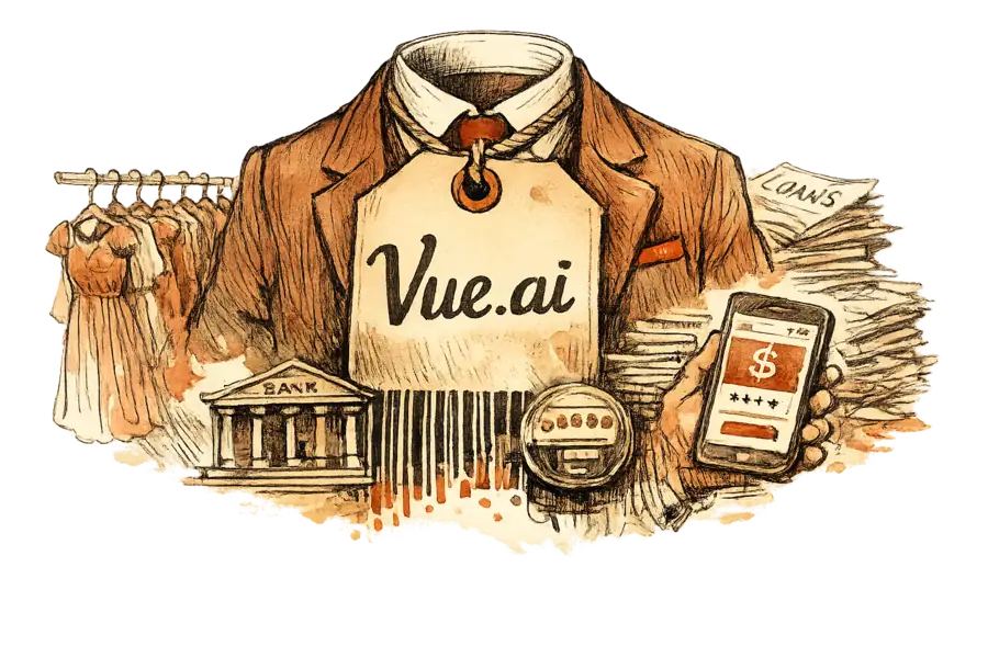 Illustration d'une étiquette de vêtement Vue.ai dont le code-barres se transforme en façade de petite banque et en compteur électrique, avec un portant de robes qui se dissout en piles de dossiers de prêts.