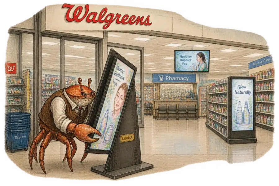A crab in a Walgreens aisle tilting a large digital advertising screen forward to read the small brass plate screwed to its back, which is engraved with the name Looma.