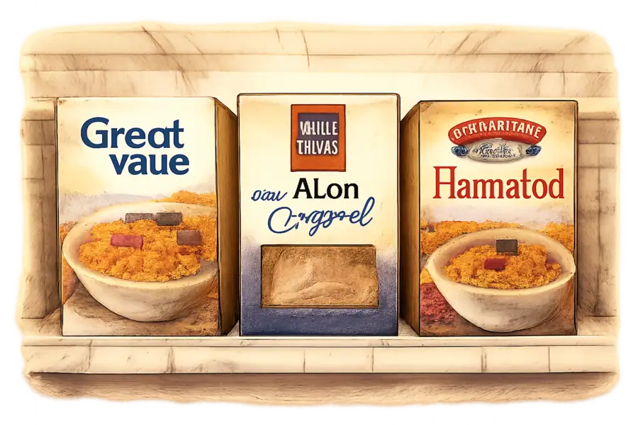 Three private-label grocery boxes lined up on a single supermarket shelf, Great Value at left, an ALDI Original at center, Hannaford at right, all facing the camera at eye level.