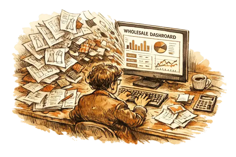 A fashion buyer at a cluttered desk watches paper line sheets and fabric swatches collapse into a single wholesale dashboard on screen, overhead angle, clinical mood.