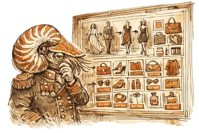 A nautilus in a military jacket studies a wholesale assortment board where runway looks turn into product tiles and order controls.