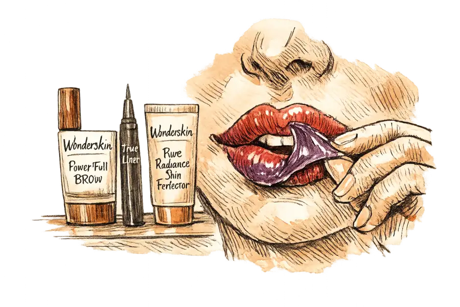 A peel-off lip stain being removed with three other Wonderskin products lined up behind it on a counter