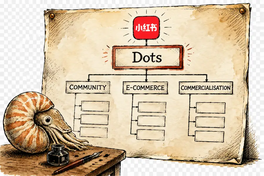 Hand-drawn org chart with a fresh 'Dots' department box added above Xiaohongshu's three legacy business pillars.