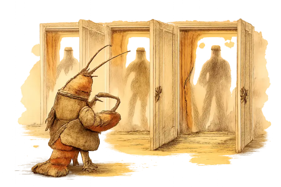 A lobster in a tailored coat at the threshold of three dressing-room doorways, observing faceless human silhouettes mid-render, clipboard tucked under one claw.