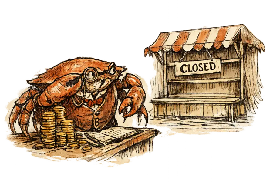 A crab in a Victorian waistcoat peering through a monocle at a tall stack of gold coins beside an empty market stall with a CLOSED sign