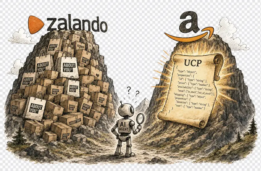 Zalando stapelt ABOUT YOU-Einkaufstüten zu einem Skalenberg, während Amazon seinen Pfeil auf eine leuchtende UCP-Schriftrolle richtet und ein KI-Agent aus dem Tal zwischen ihnen zuschaut
